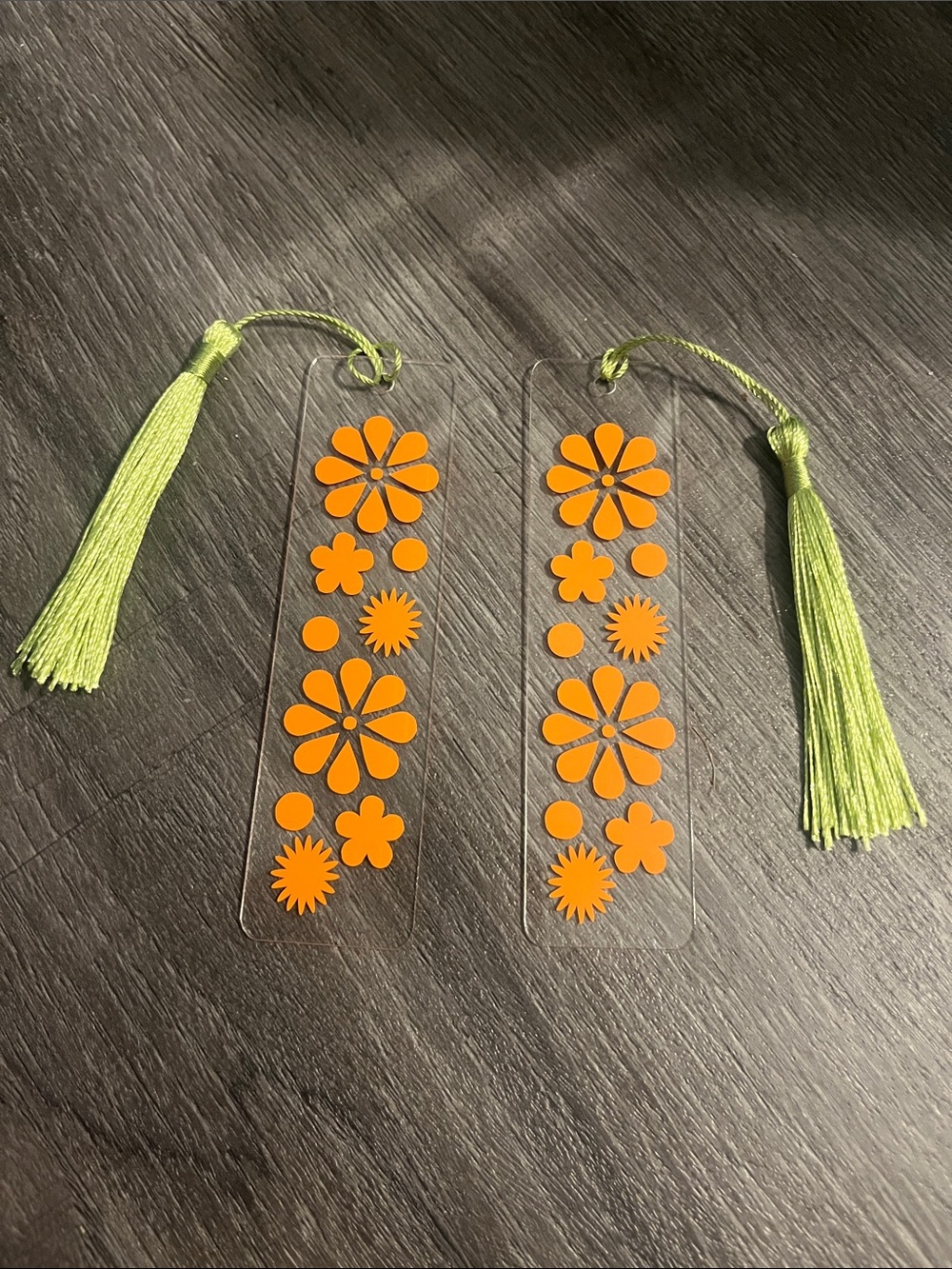 Clear Acrylic Bookmarks with Orange Floral Decals and Lime Tassels